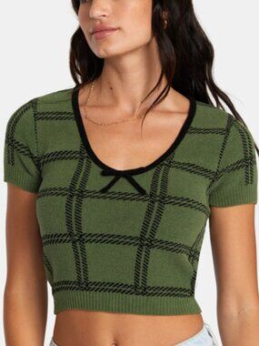 RVCA Green Black Plaid Knit Crop Top Bow Scoop Neck Short Sleeve EUC Size M